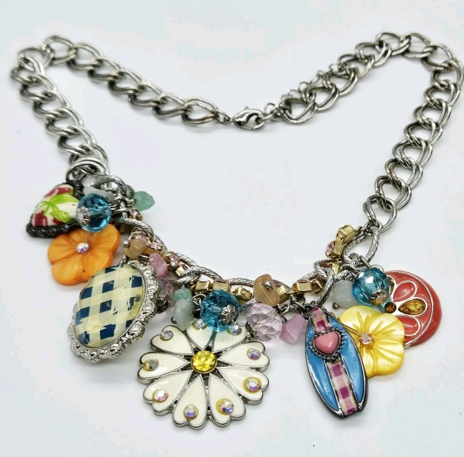 Surfboard Flower Charm Necklace MultiColor Beaded Colorful Wrap 17 in