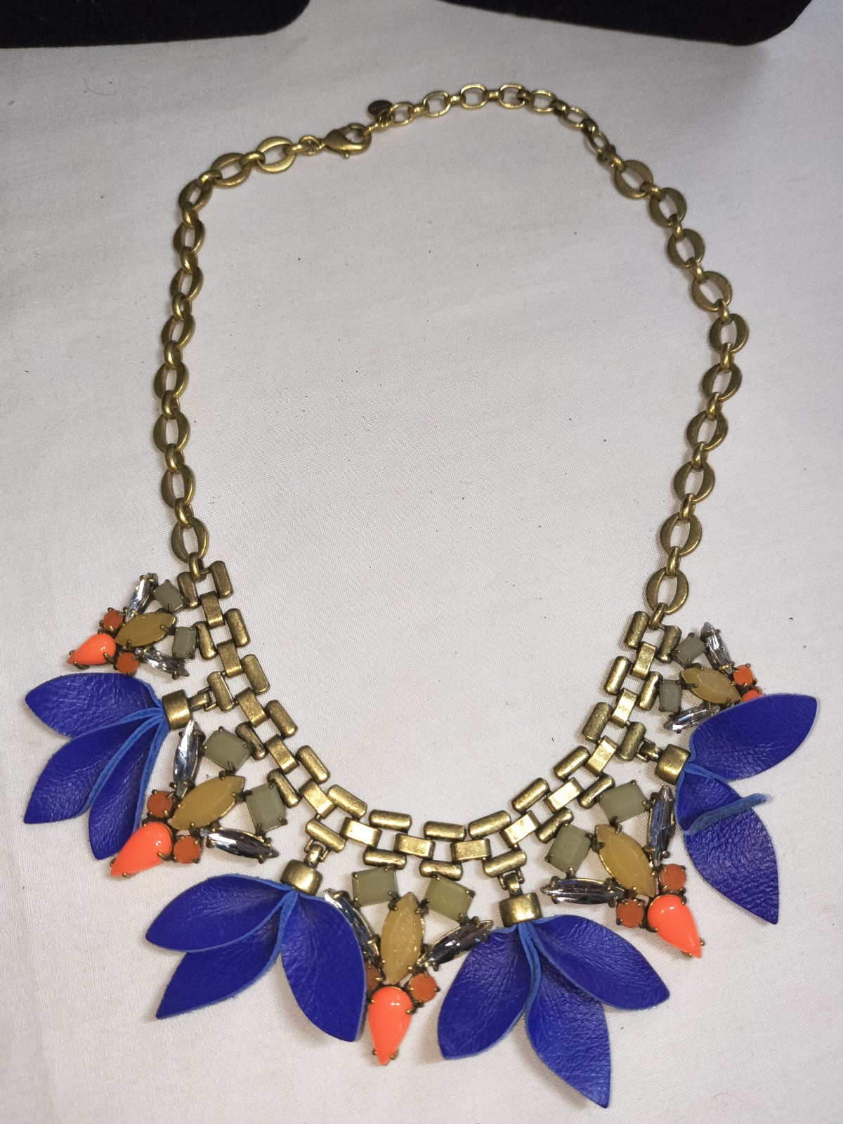 STELLA & DOT Melia Blue Leather Petal & Orange Bead Necklace Brass Chain Bib
