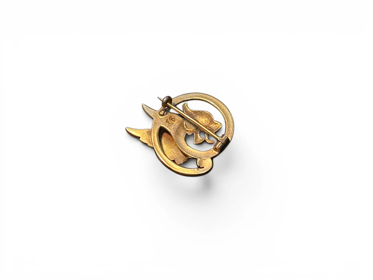 Antique English 14K Yellow Gold Chimera Motif Brooch With Emerald Eye