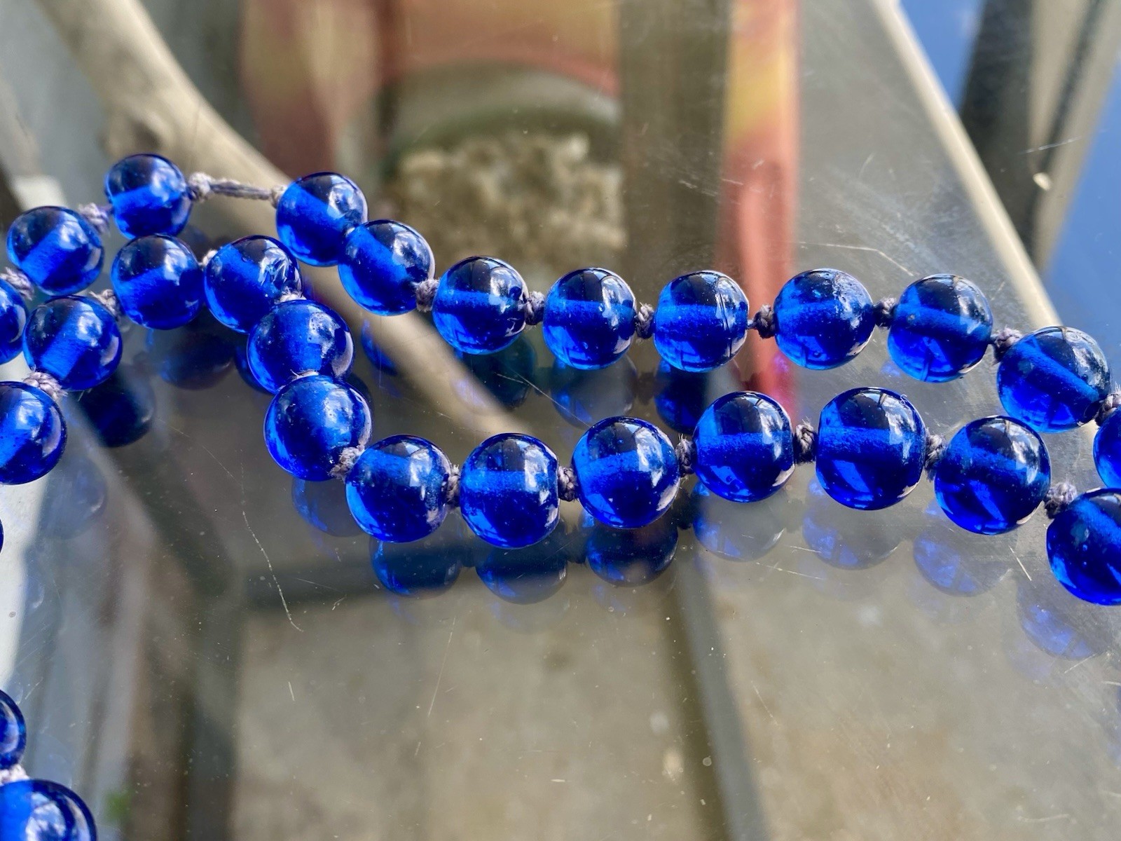 Beautiful vtg art deco Cobalt blue art glass necklace 52″ Hand Knotted