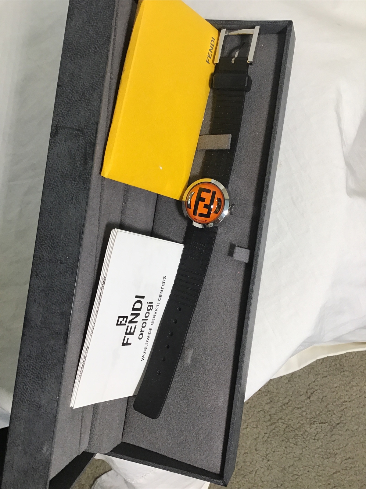 Fendi Watch Orologi Black Rubber Band Around Orange Face Smaller Size