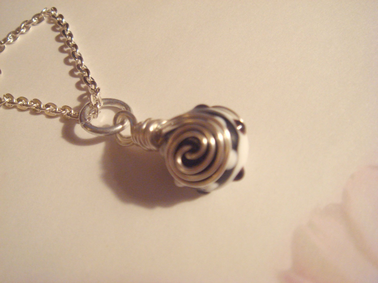 #202 Black&White Bead Pendant with Silver Chain Wire Wrapped One of a Kind
