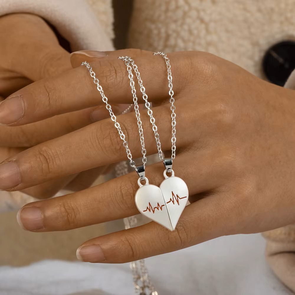 Silver Heartbeat Couple Love Necklace Matching, Friend, Wife, Girlfriend Gift
