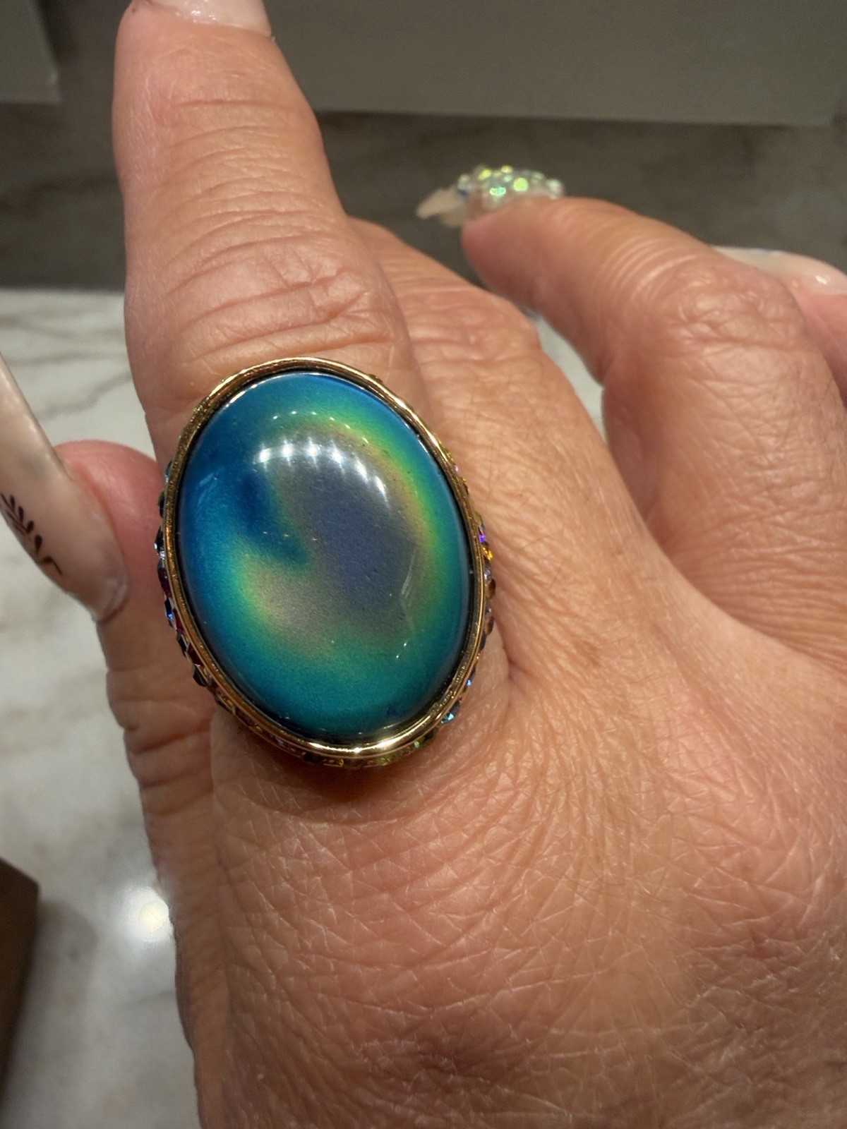 Kurt Geiger Sz 7 Oval Mood Gold-tone Ring with Cabochon and Multicolored Stones