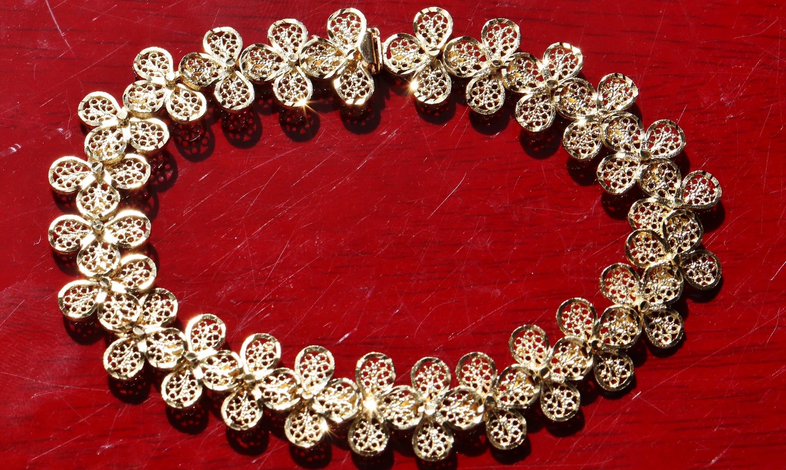 14k yellow gold bracelet 7.25″ diamond cut flower link chain handmade 15.7g N307
