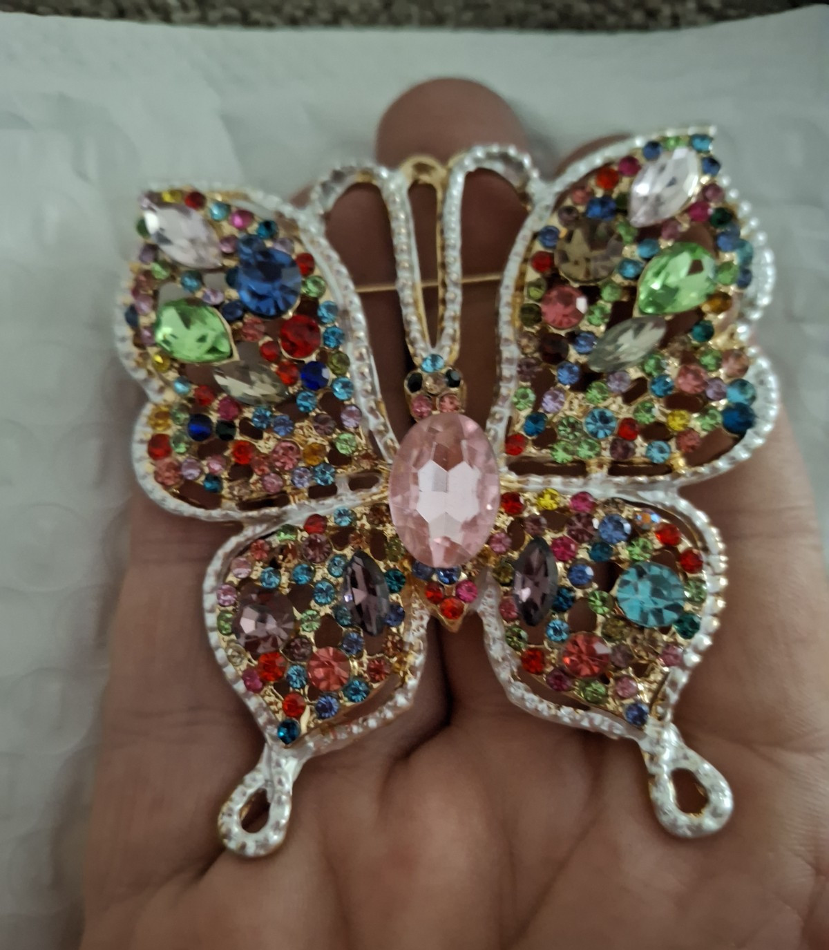 Gold Tone Butterfly Brooch Pin Multicolor Rhinestone Cluster Pink Oval Crystal
