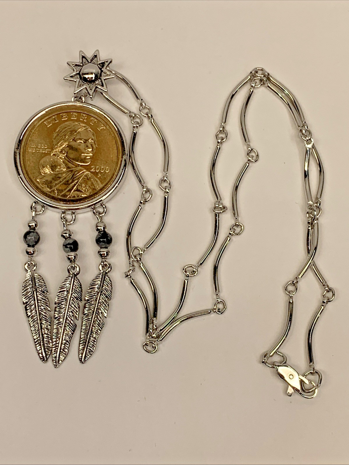 U.S Mint Sacagawea Golden Dollar Coin Silver Tone Pendant Necklace Vintage 2000