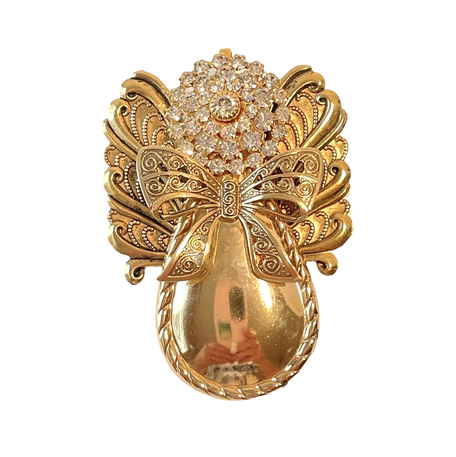 Large Artisan Angel Brooch Pendant – Rhinestone Head – Wings Bow w/ Hidden Cross