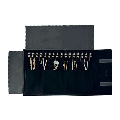 Velvet Travel Jewelry Roll Organizer Bag – Anti-Winding, Elastic Band, Black