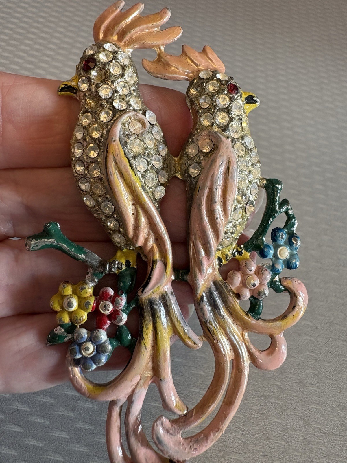 Unsigned Coro 40s Vintage Bird of Paradise Pair Brooch Pink Enamel Rhinestone