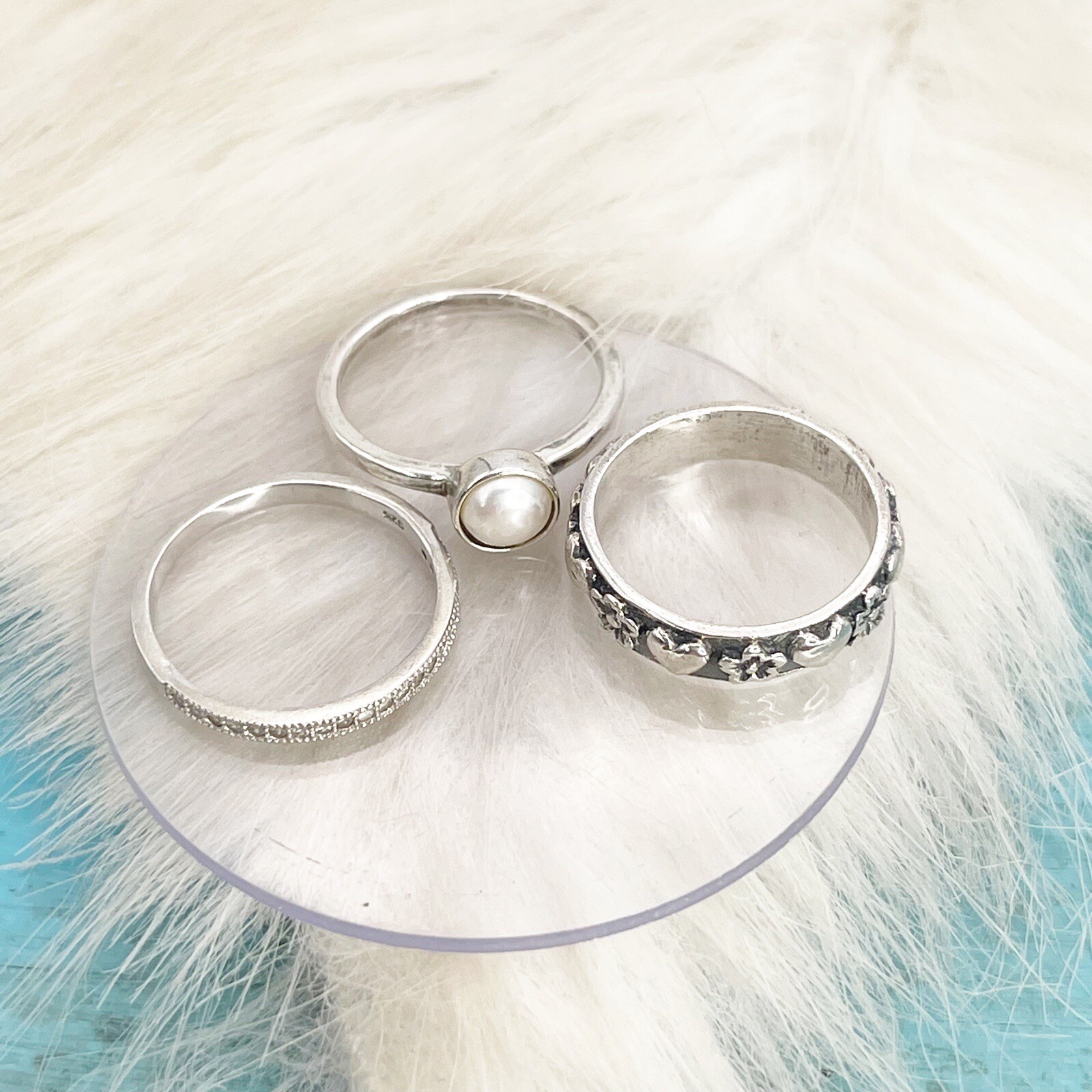 SET OF 3 Sterling Silver Stack Rings Crystal CZ Faux Pearl Hearts Size 6.5-7