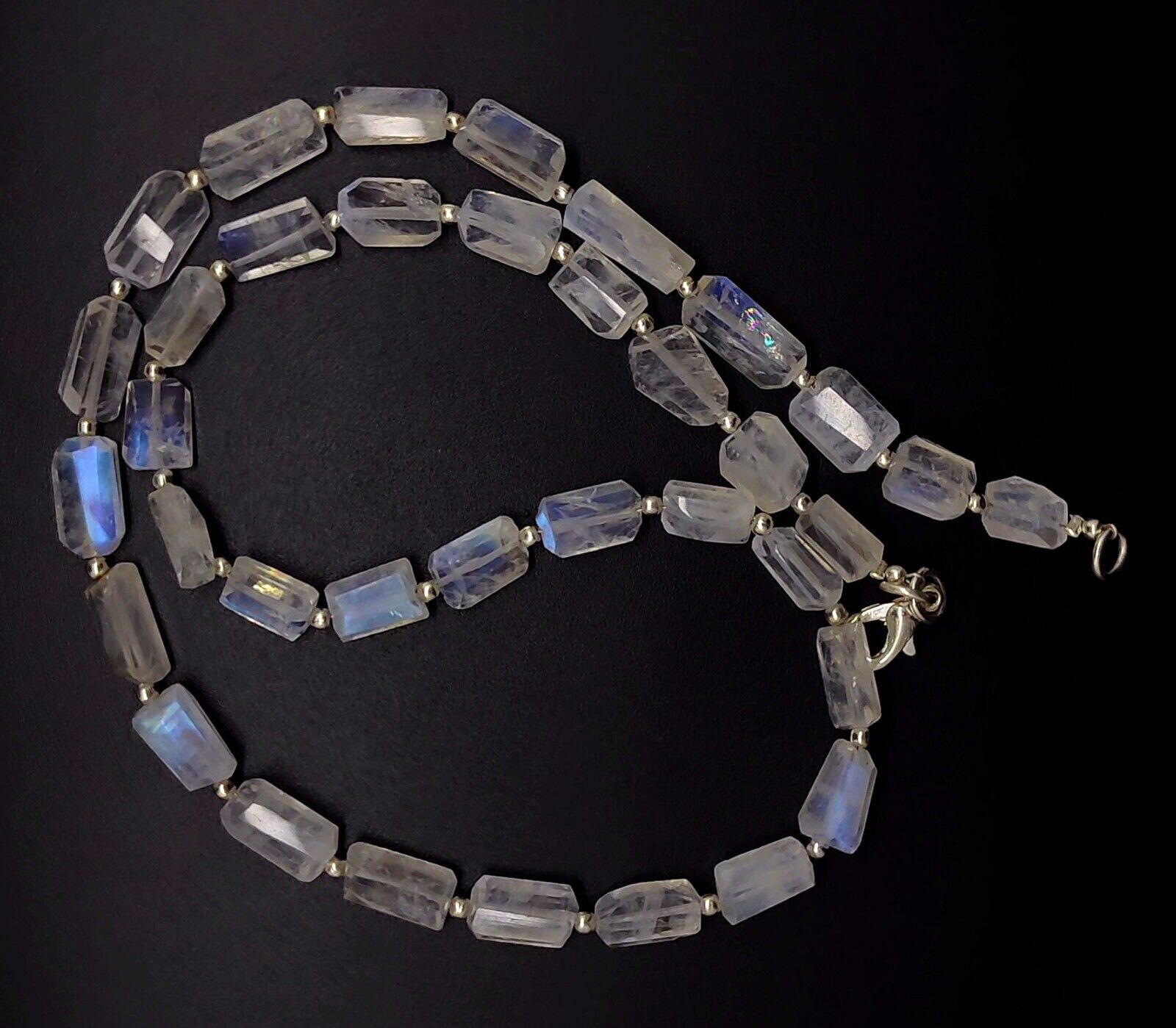 Blue Fire Rainbow Moonstone Gem 8 to 10mm Size Faceted Nugget Beads Necklace 17″