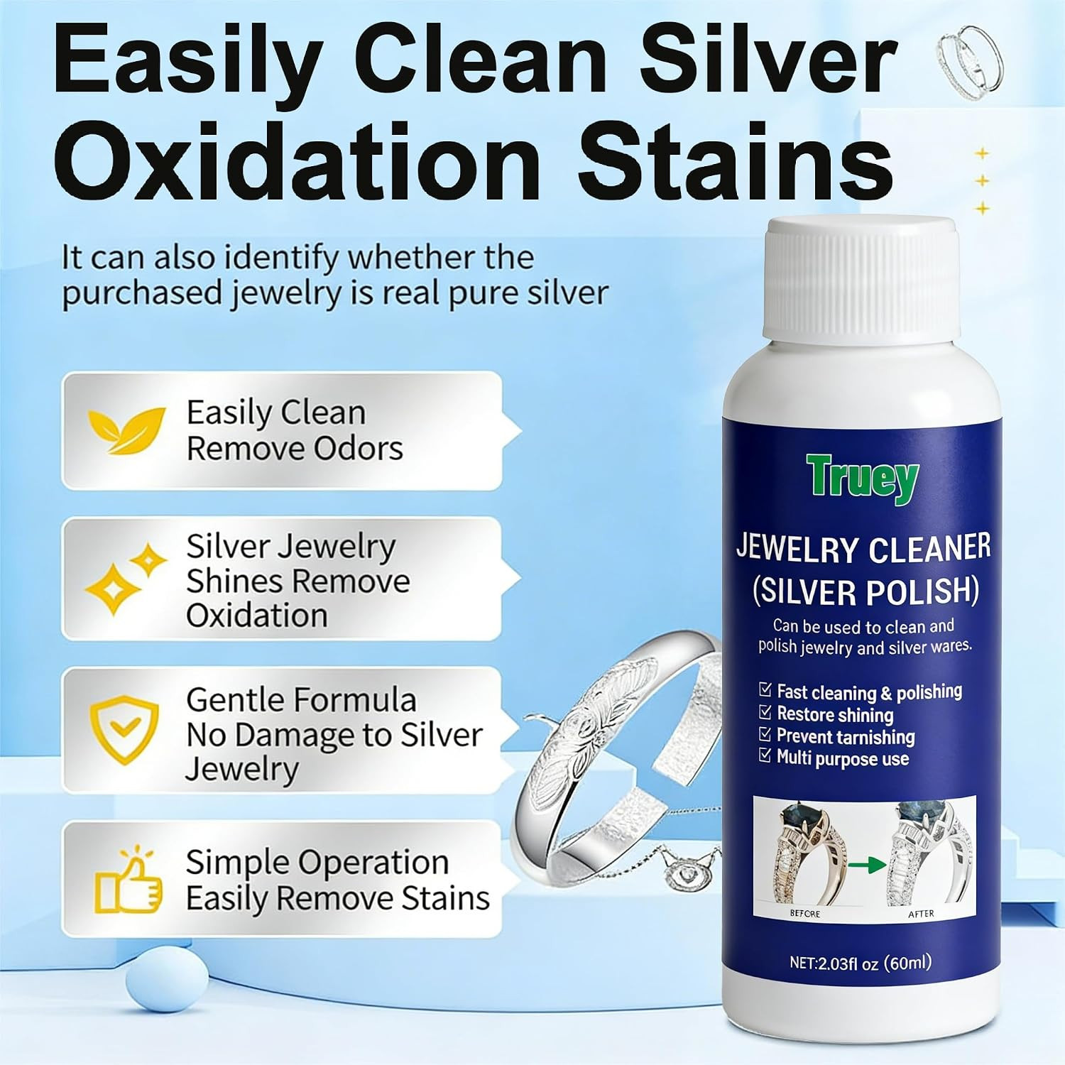 Silver Cleaner,Silver Jewelry Polish,Removes Tarnish,Restores Shine(60Ml) | Silv