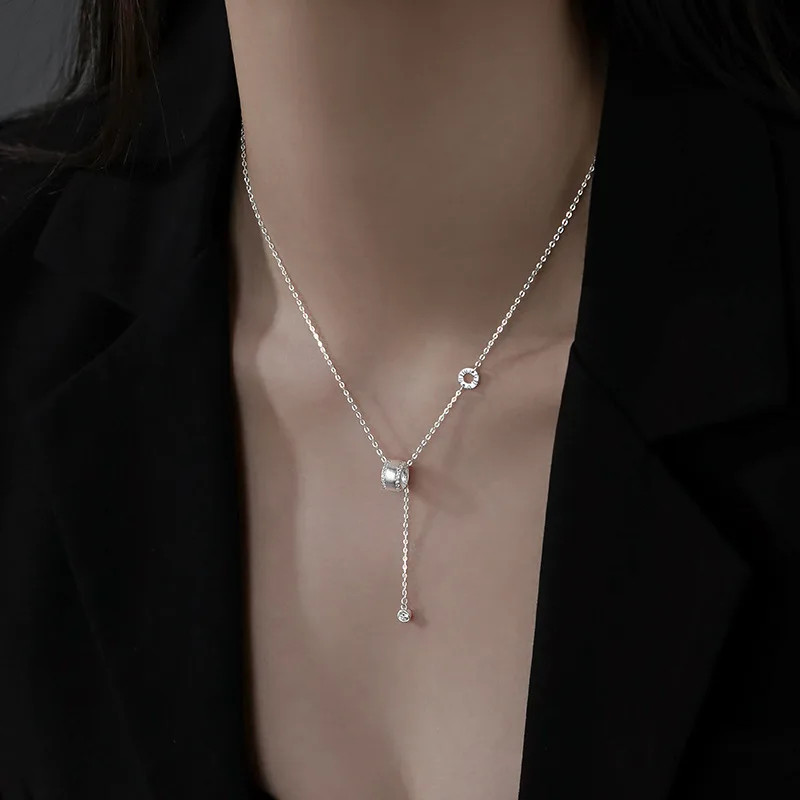 Silver Color Geometry Hollow Round Zircon Tassels Necklaces for Women Fashion Je
