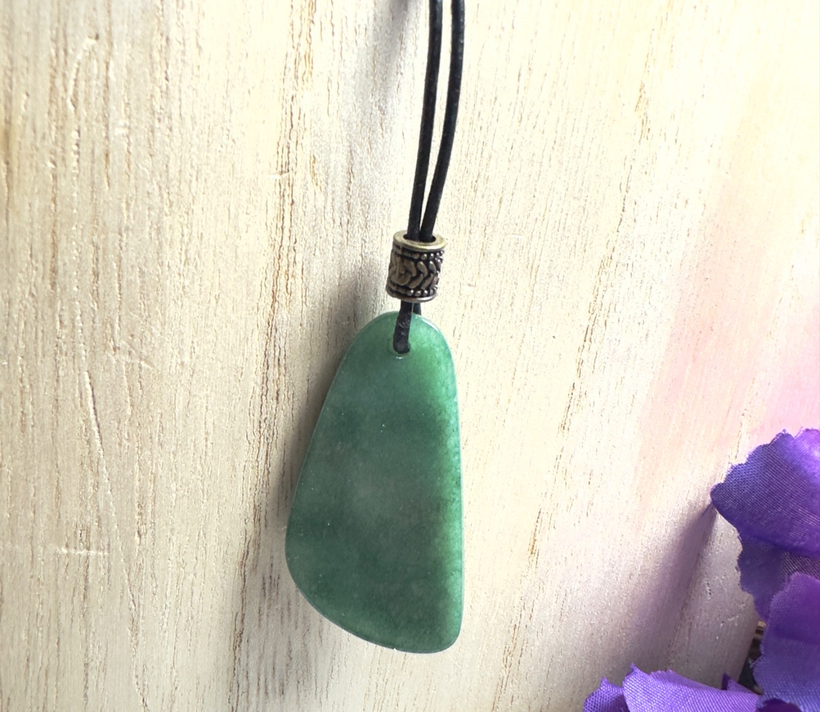 Green Jade Pendant Unisex Necklace Black Leather Cord Adjustable Good Luck