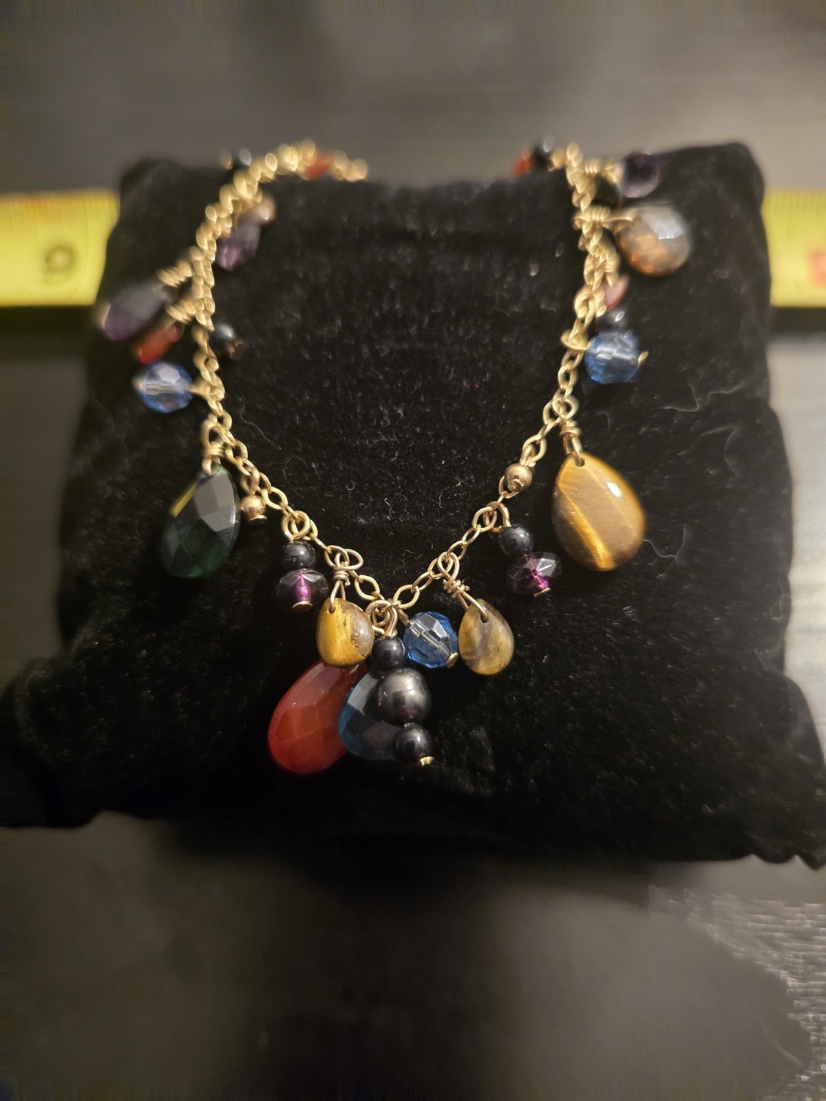Gold Tone Cable Chain Teardrop Charm Necklace Multicolor Beads 16 in Spring