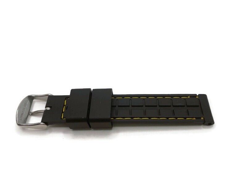 Rubber Watch Strap, Black Textured with Yellow Stitching, Sizes 16mm to 22mm