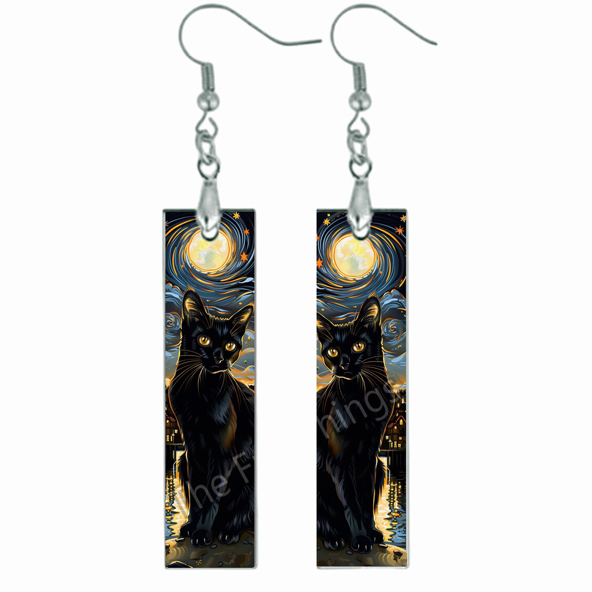 Unique Celestial Starry Sky Full Moon Black Cat Earrings NO TARNISH Wood Bar