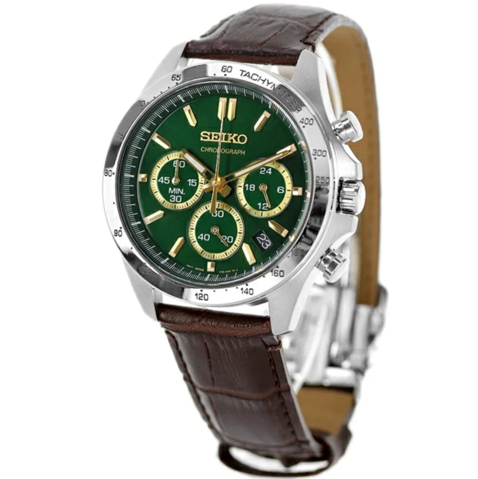 SEIKO Spirit SBTR017 Green Chronograph Quartz Leather Band Men’s Watch New Box
