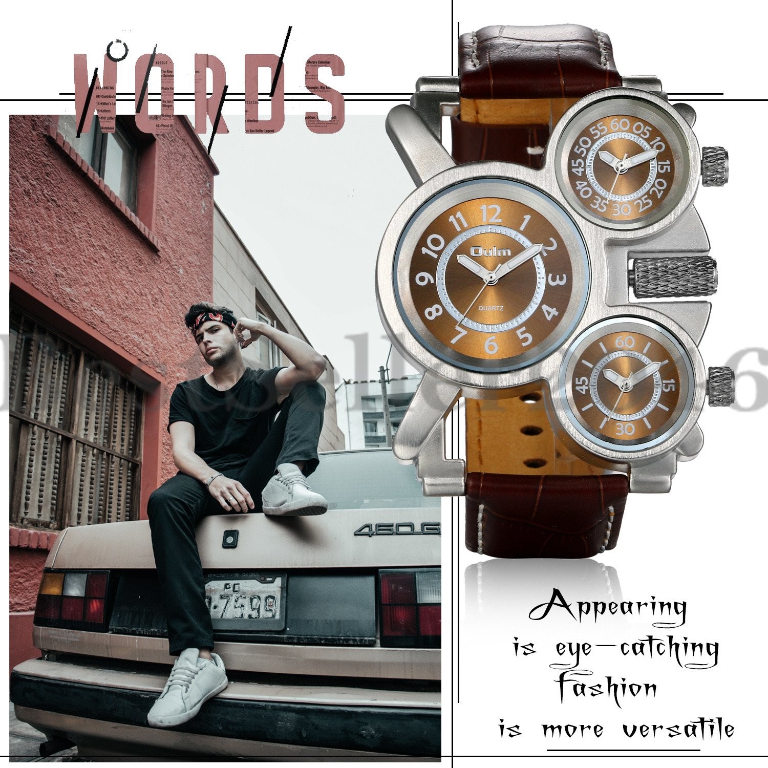 Men Multi Time Zone Analog Quartz Watch Military Sport Leather Band Wristwatches