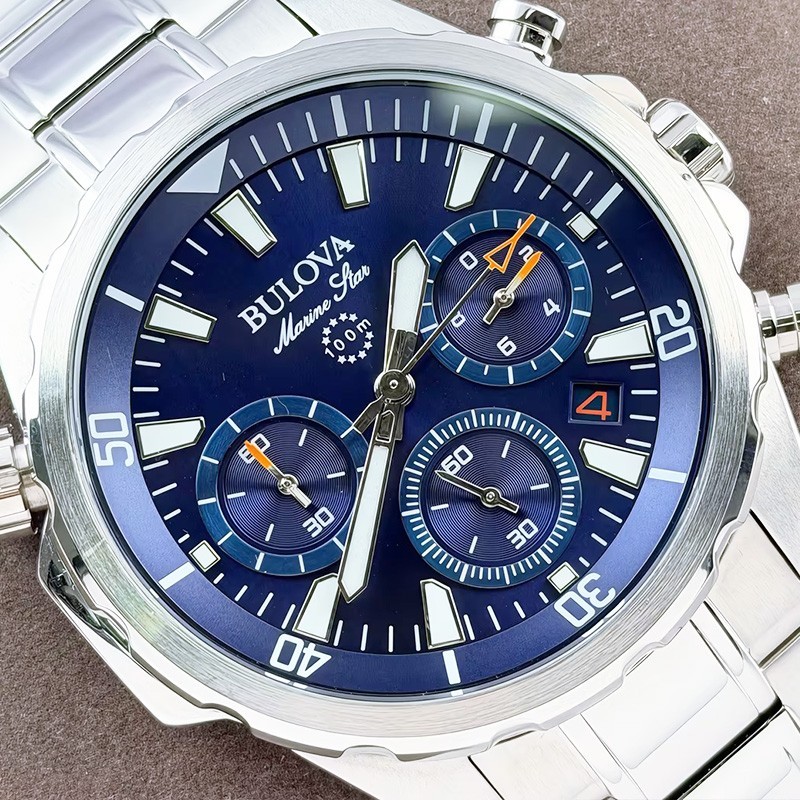 Bulova Men’s Marine Star 96B256 Blue Dial Stainless Strap Quartz Watch 43MM
