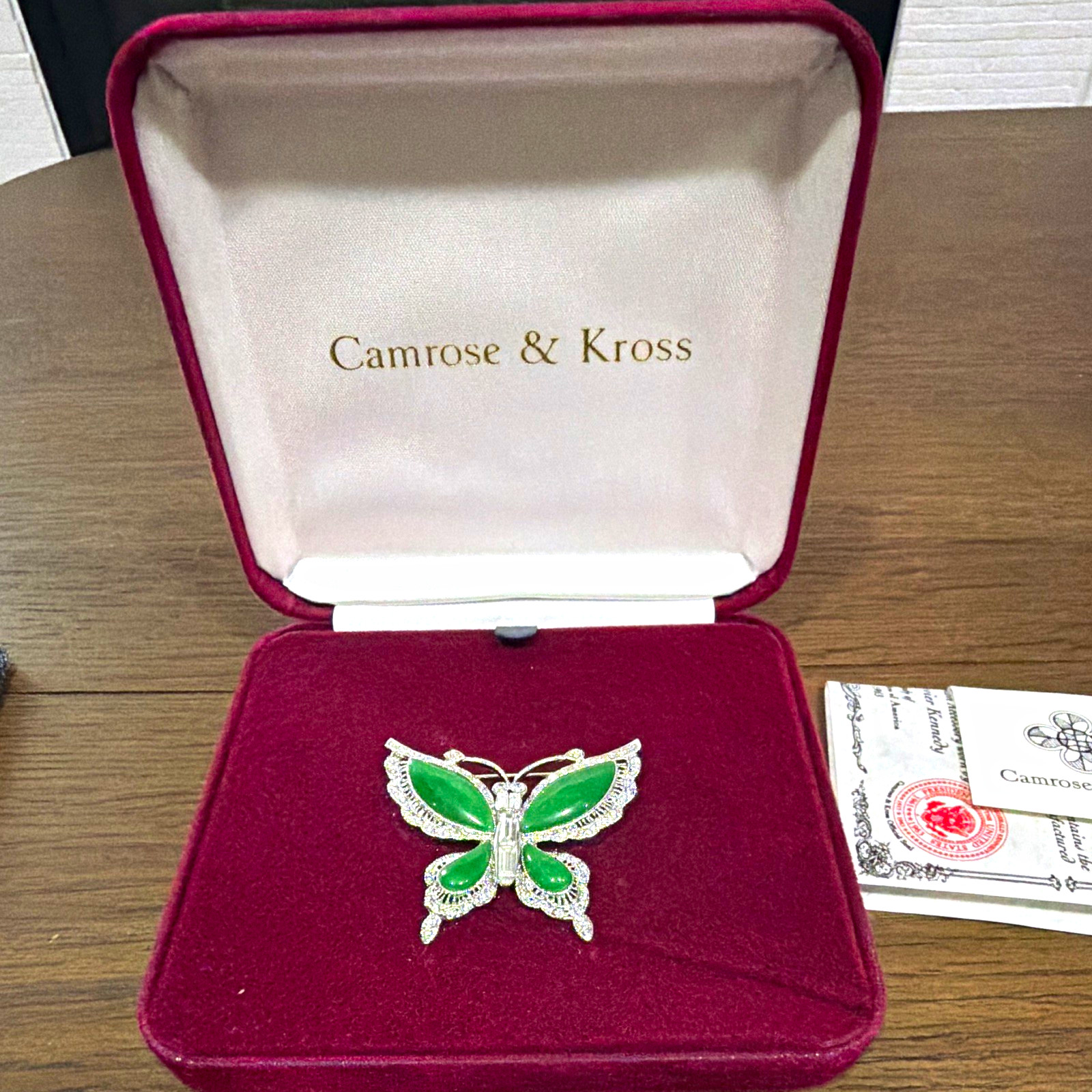 Camrose & Kross Green Butterfly Brooch, Silver Tone, Certificate Included