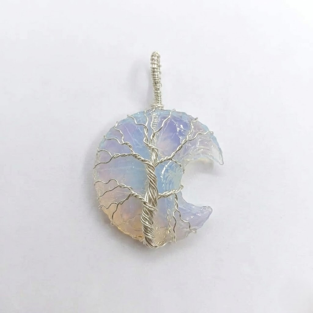 Opalite Crescent Necklace 40-45Ct | Tree of Life, Silver Wire Wrapped Pendant