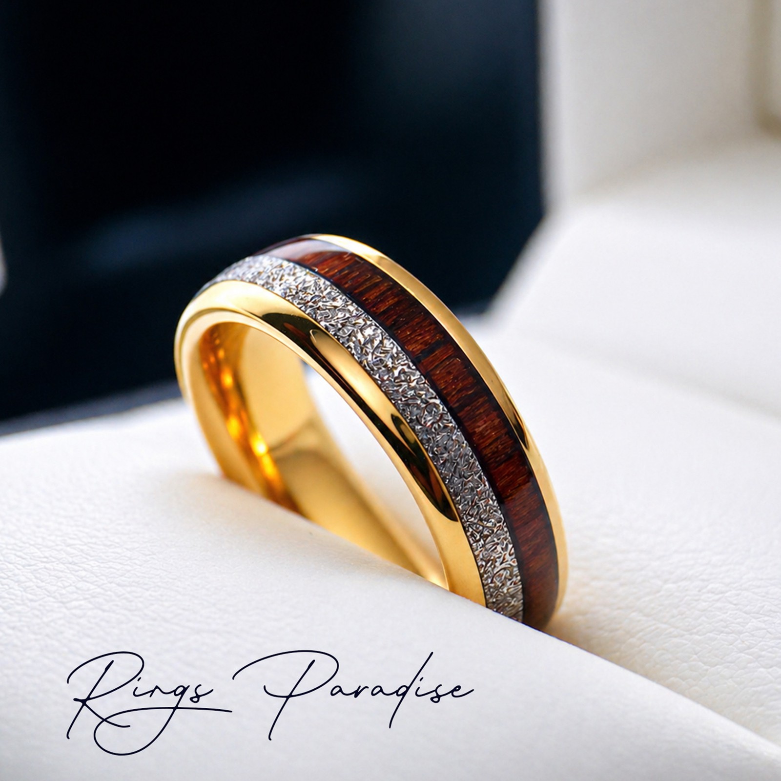Yellow Gold Tungsten Ring 6mm 8mm | Wood Meteorite Inlay Band