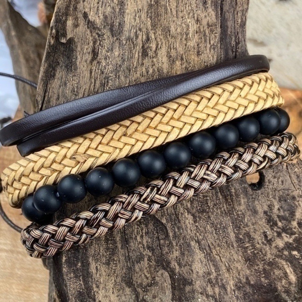 Mens Bracelets Bundle Adjustable Faux Leather and Hemp Matte Onyx Stone Beads