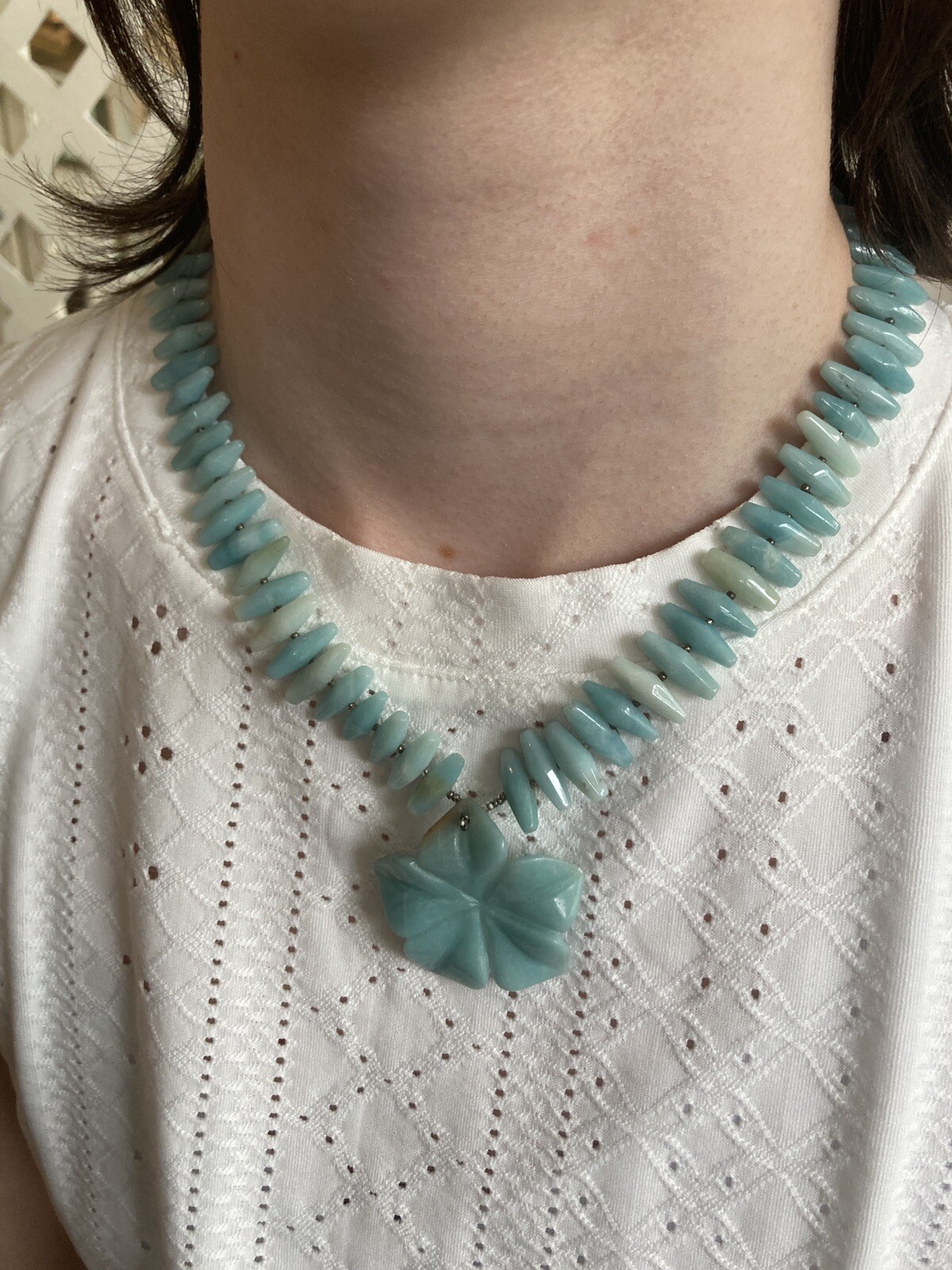Amazonite Flower Bead (1/2 in) Necklace w/ Amozonite thin barrel beads