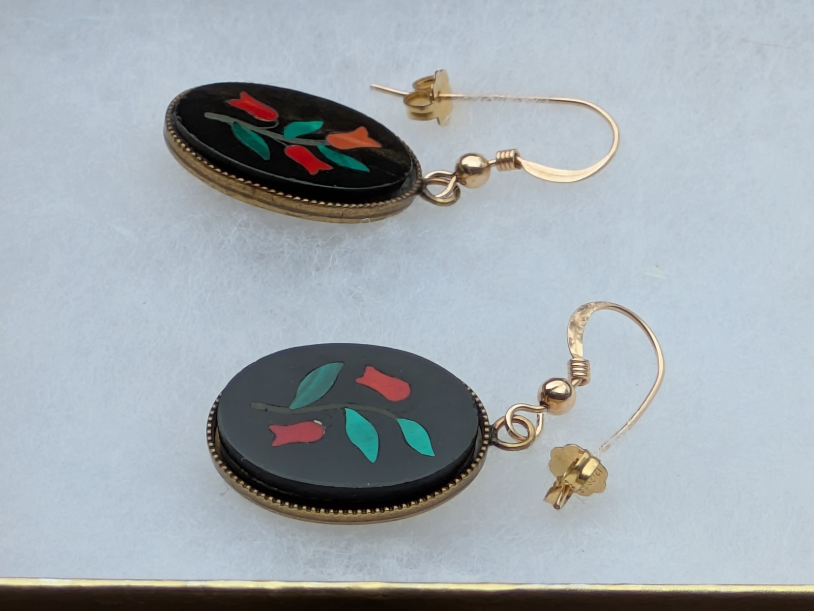 Pietra Dura Pierced Earrings – Made w/ Antique Italian Plaques, 14k GF Hooks C15