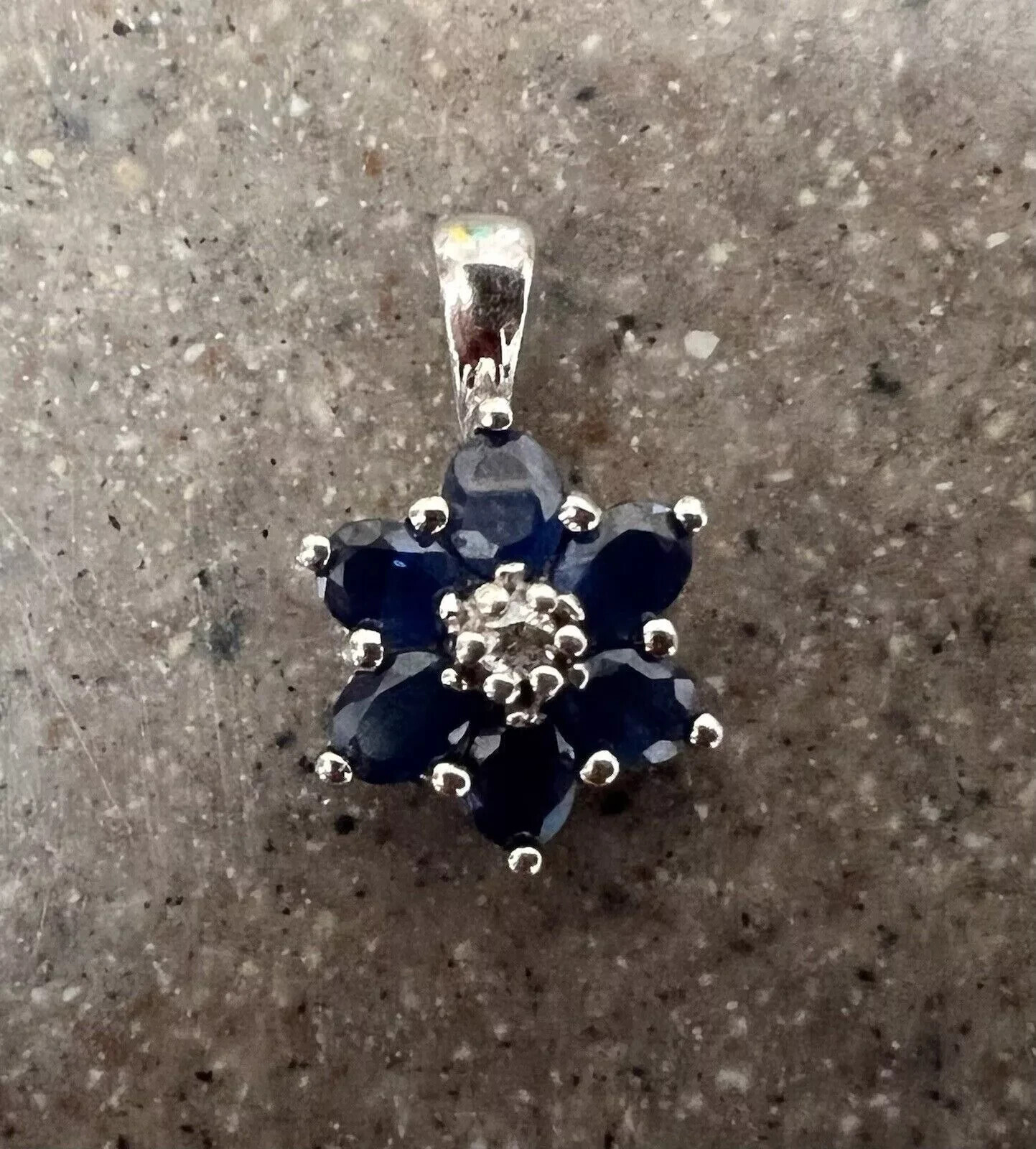 14K White Gold Plated Blue Sapphire Lab Created Diamond Flower Pendant Necklace