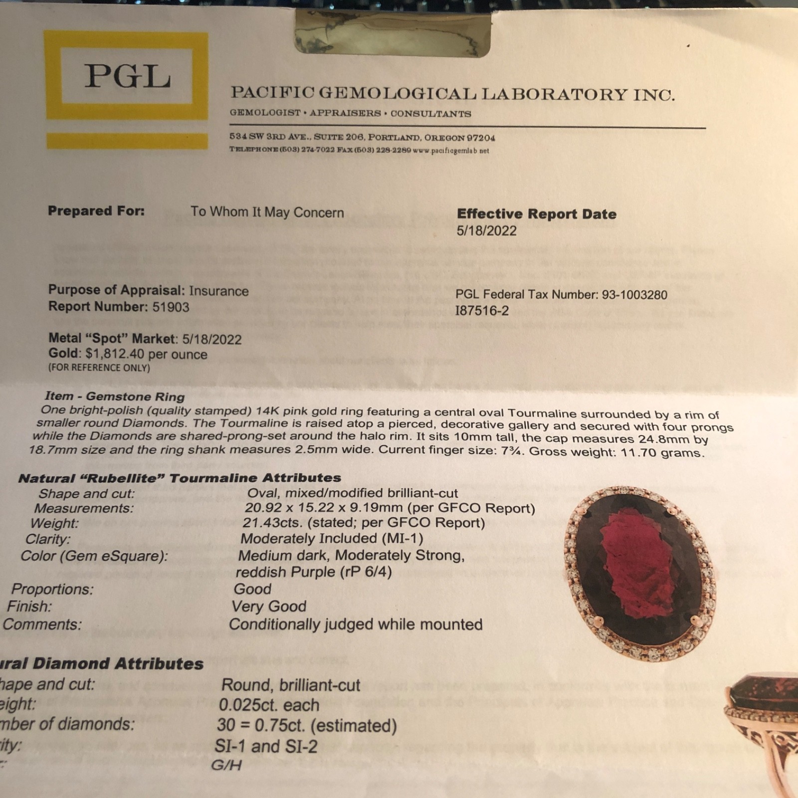 14K Pink Gold Large 21.43 ct. Rubellite Ring Diamond Halo .75 ct . T.W.11.70 grm