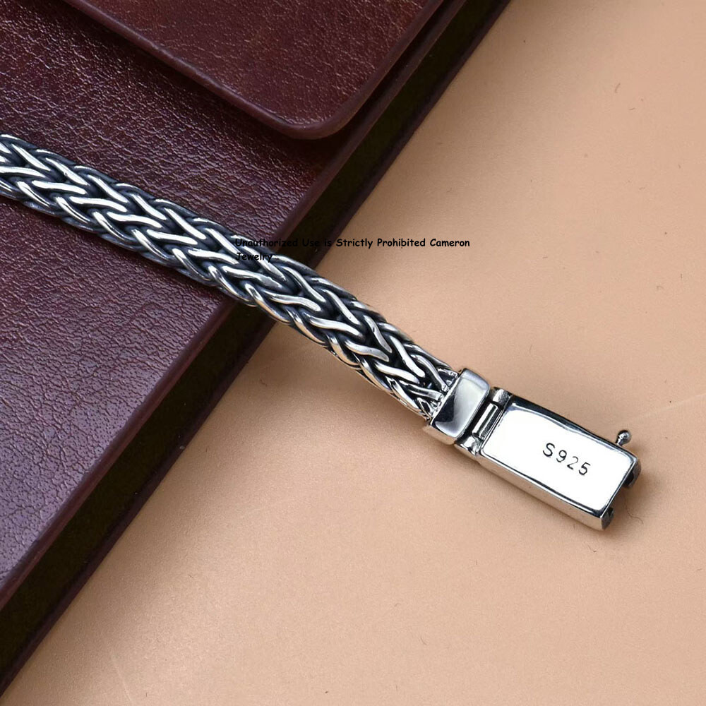 Pure S925 Sterling Silver Chain 6mm Unique Wheat Link Bracelet 26-27g 7.9inch