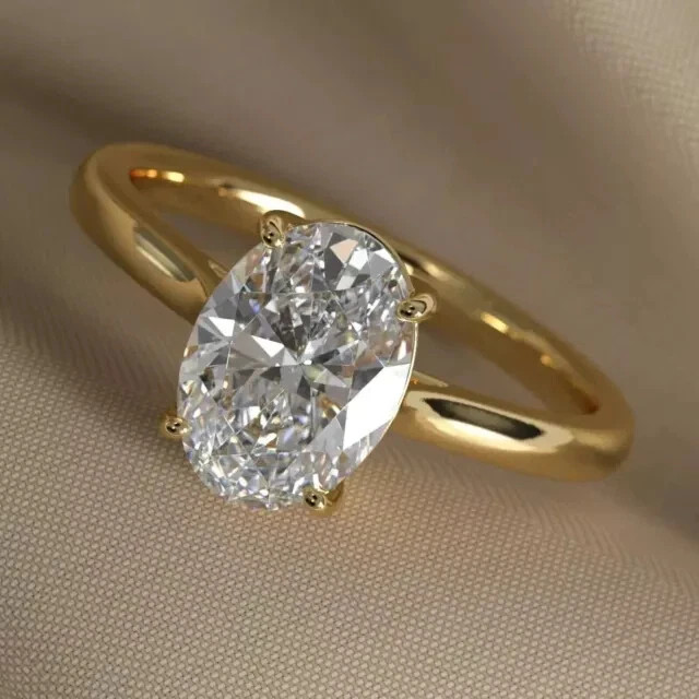 2 Ct Oval Cut Real Moissanite Solitaire Engagement Ring 14K Yellow Gold Plated