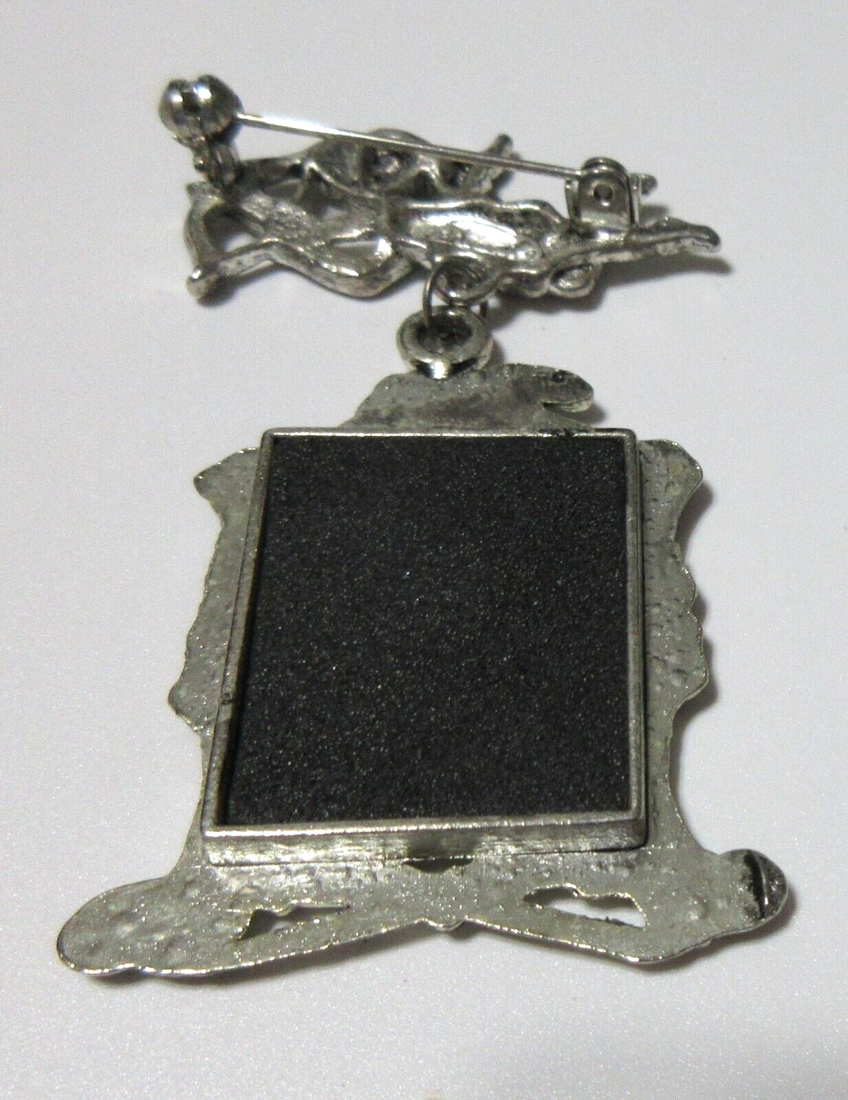 VTG DANECRAFT BIG WING ANGEL ARROW dangl PHOTO FRAME Brooch Pin blac Silver tone