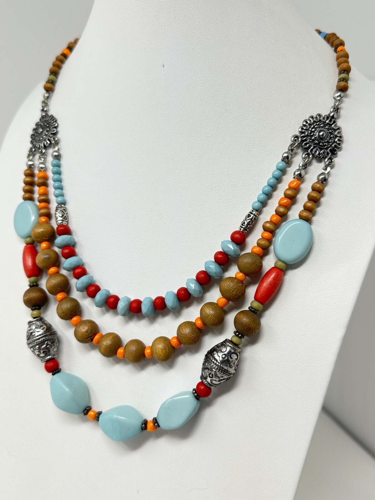 Boho Brown Blue Red Orange Plastic and Wood Bead 3-Strand 18-21″ Necklace
