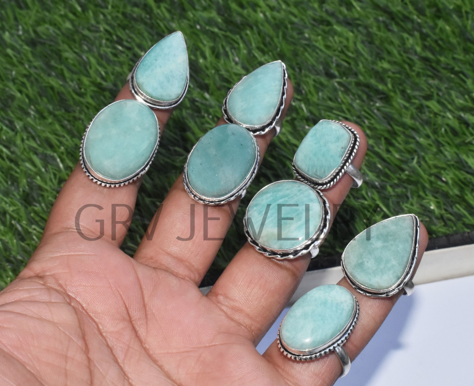 1-500 Pcs Natural Amazonite In Wholesale Gemstone Rings Lot: Silver Plated Whr-9
