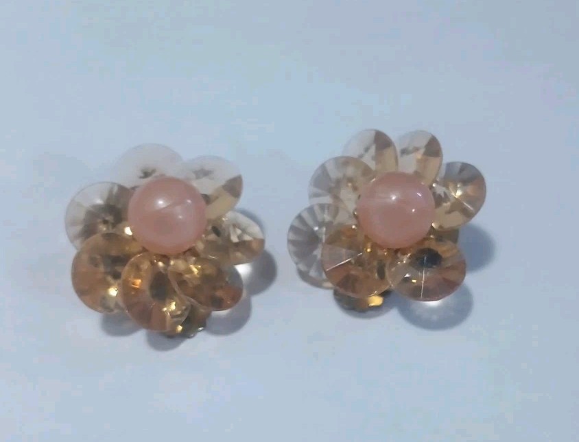 Vintage Acrylic Champagne Rhinestone Faux Plastic Pearl Clip On Earrings