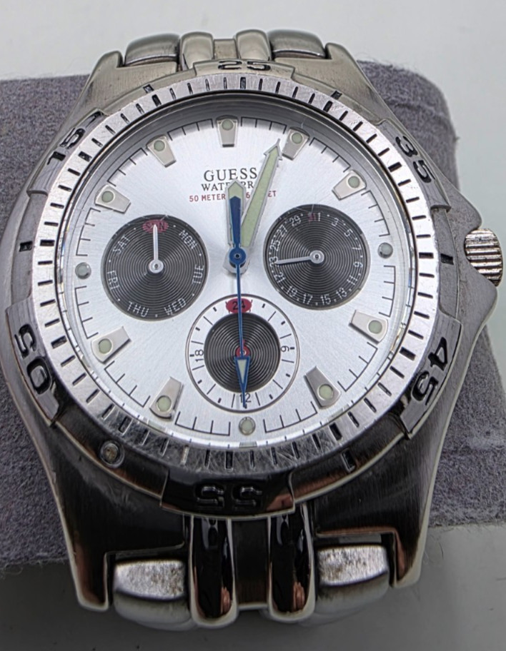 Vintage GUESS Waterpro Men’s Watch 3-Eye Multifunction Silver Tone NEW BATTERY