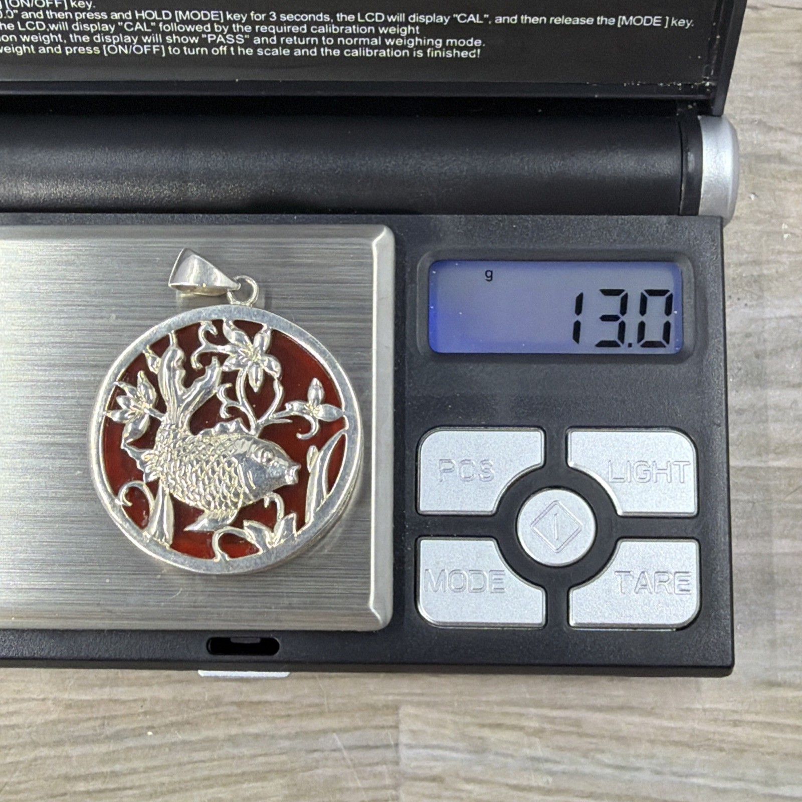 Vintage Sterling Silver Koi Fish Carnelian Pendant Round Filigree Medallion