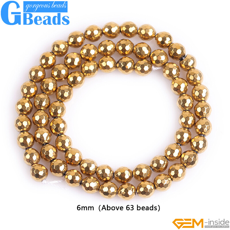 Gold Metallic Coated Reflections Hematite Faceted Round Beads 15″ Free Shipping