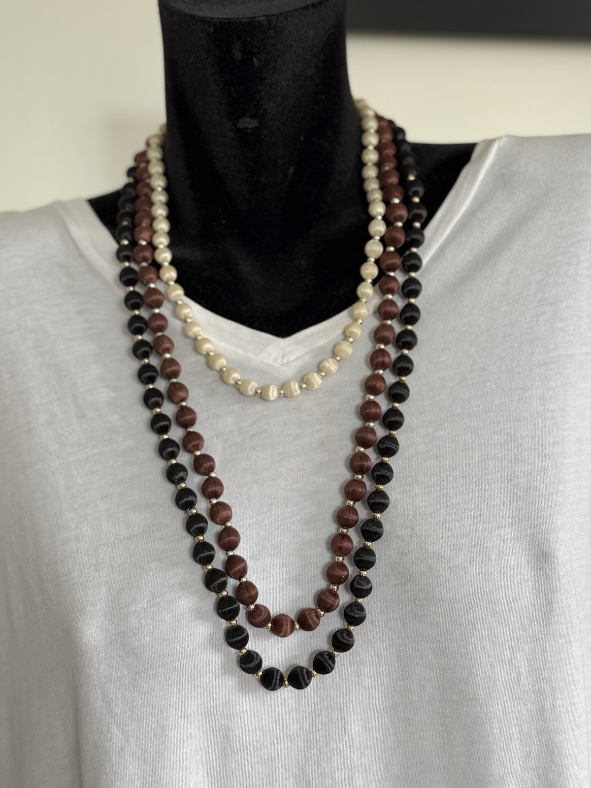 Vintage Multi-Color (Black, Brown and Ivory) Silk Beaded Necklace Set