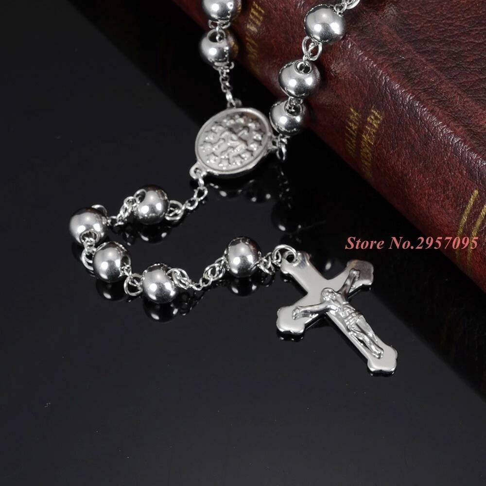 4/6/8mm Men’s Stainless Steel Sweater Chain Beads Chain with Jesus Cross Pendant