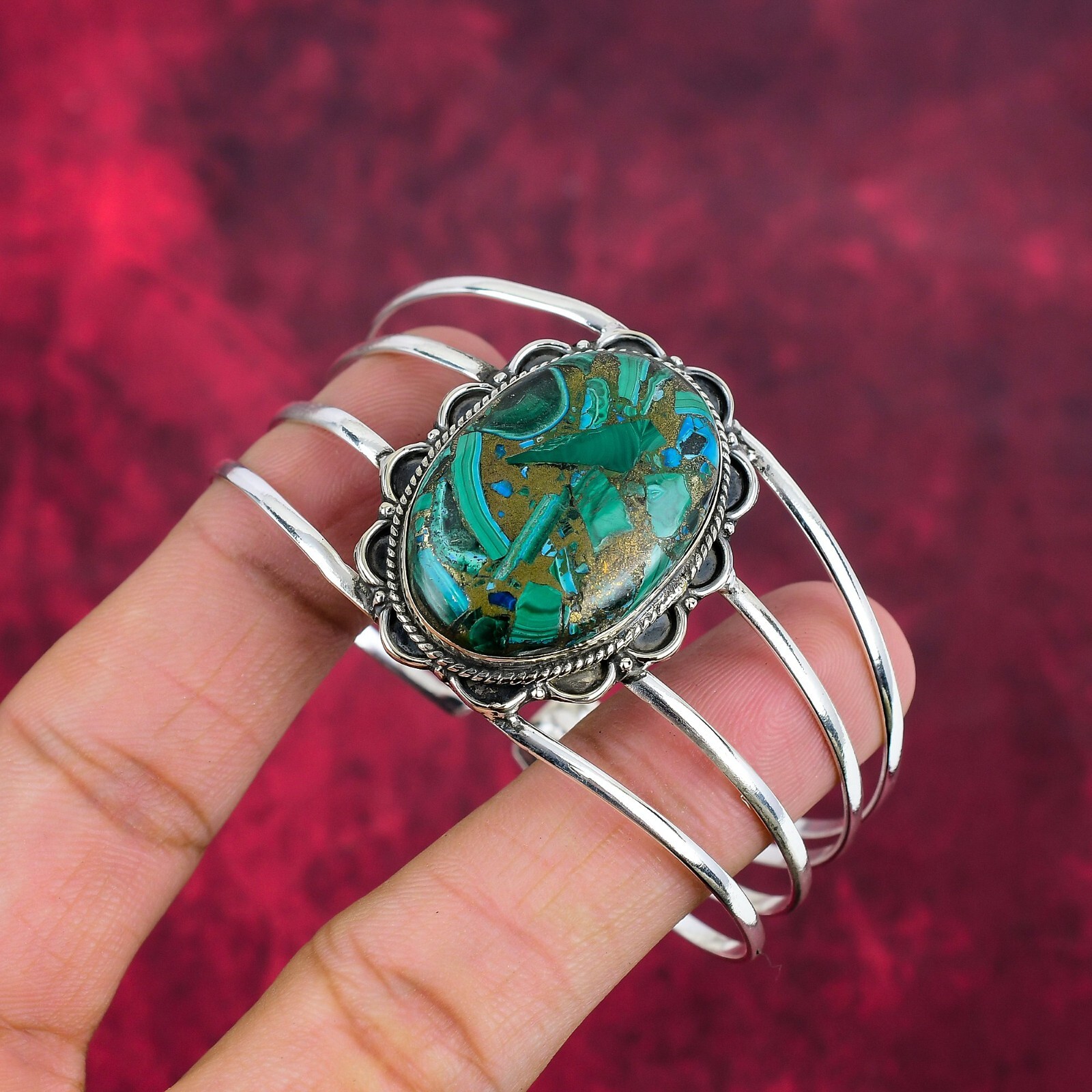 Copper Malachite Gemstone Handmade Jewelry 925 Solid Silver Adjustable Bangle