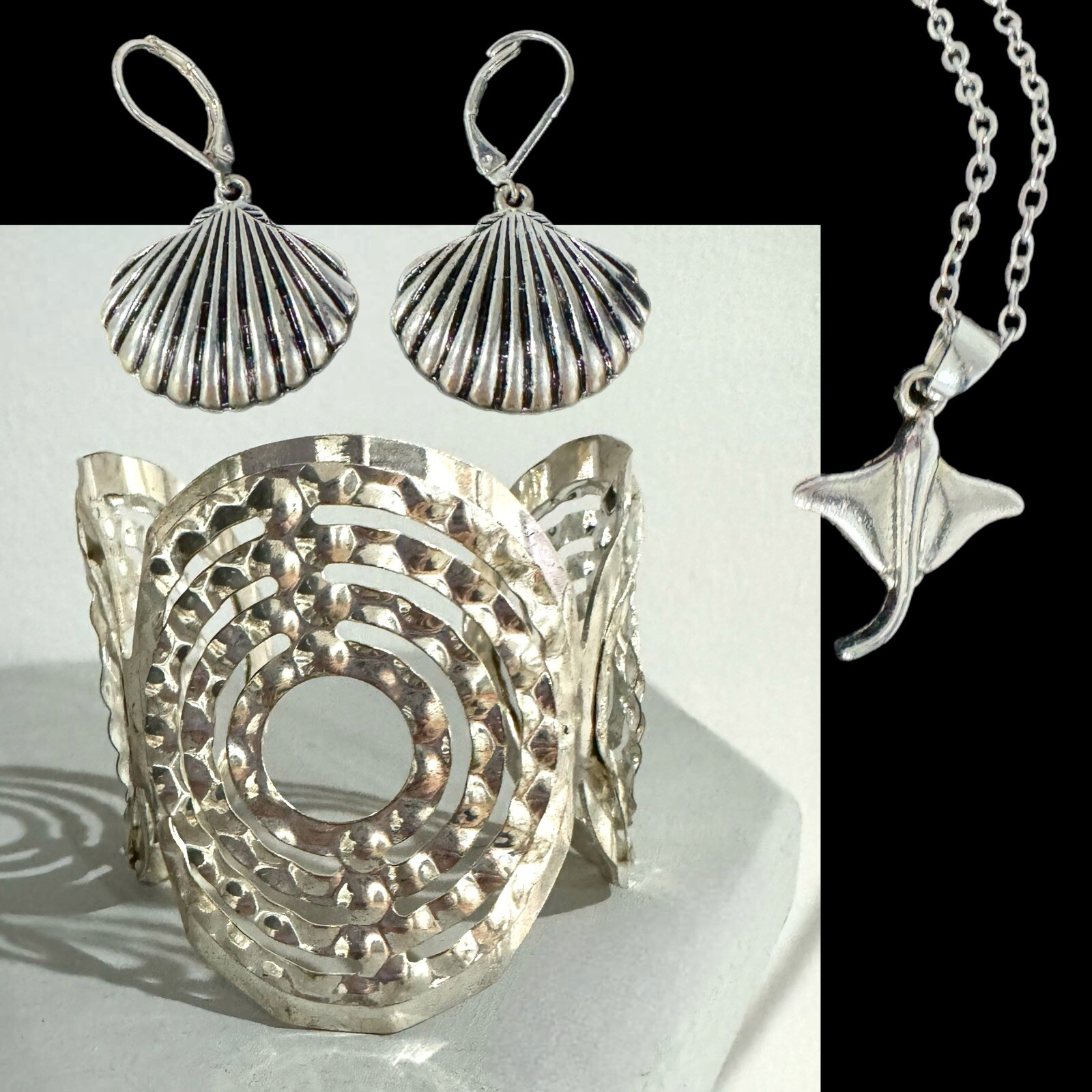 Lot Of 3 Silver Tone Jewelry Pieces Coastal Chic Style Necklace Bangle Earrings