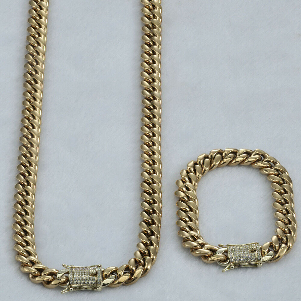 Miami Cuban Link Bracelet&Chain Set 14K Gold Plated Stainless Steel Via CZ Clasp