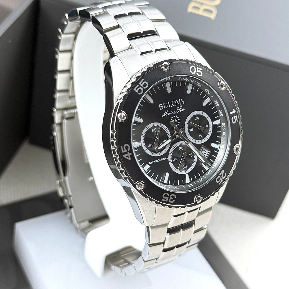 Bulova Men’s Marine Star 98B401 Chronograph Gray Dial Steel Quartz Watch 41.5mm