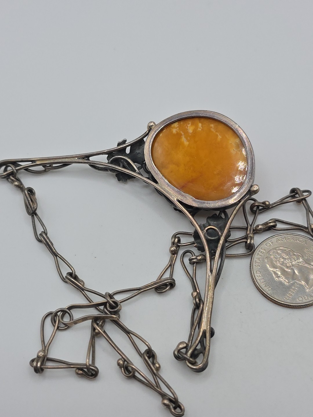 Vintage Sterling Silver 925 Orange Egg Yolk Amber Necklace 18″ 32g