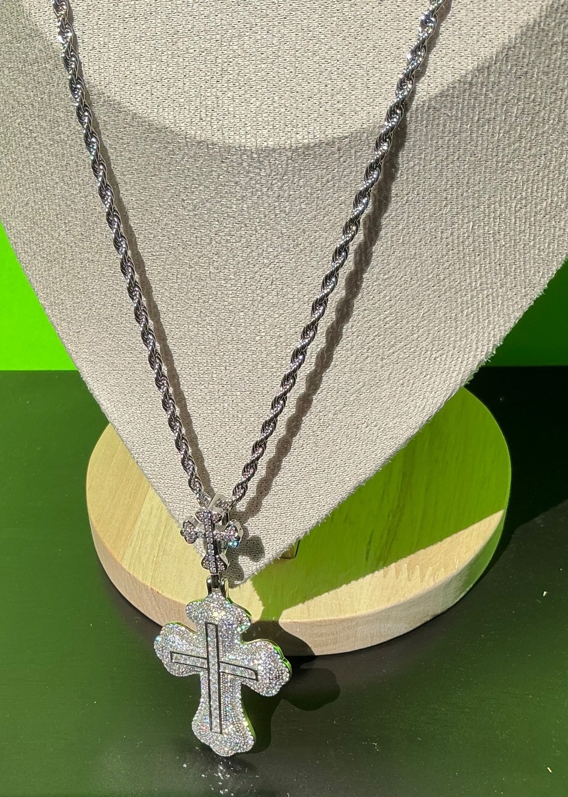 New Men Women White Gold Tone Cross CZ Chain Necklace Hip Hop Rap Fire Bling